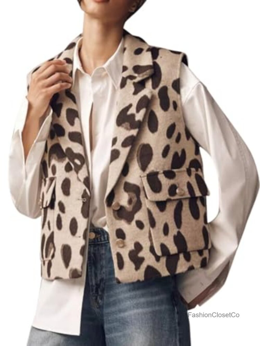 Flannel Vest Sleeveless Button Down Leopard Print Casual Fall